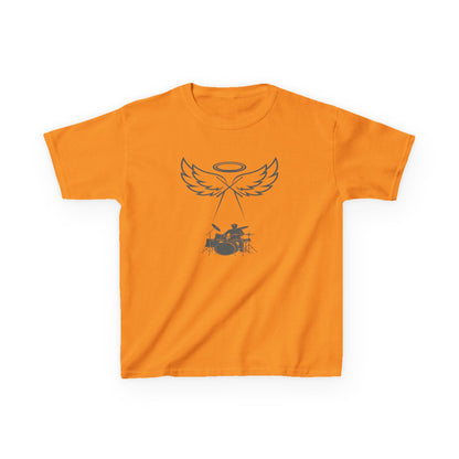 Orange t-shirt with black graphic design on a white background
