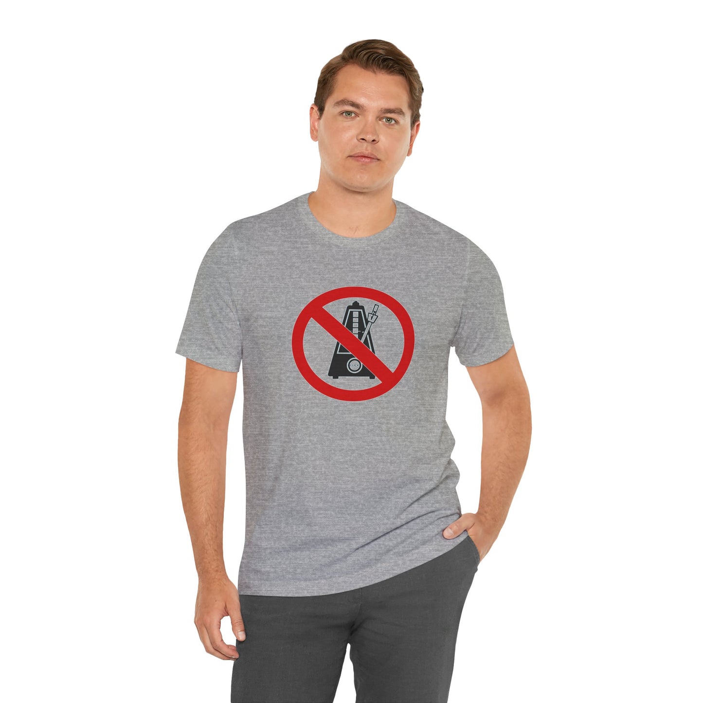 Man wearing a gray t-shirt with a no symbol on a white background