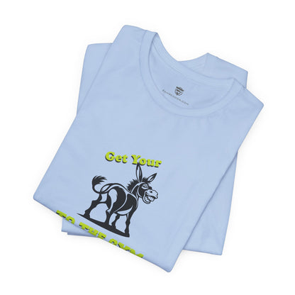 Light blue t-shirt with a donkey graphic and text on a white background