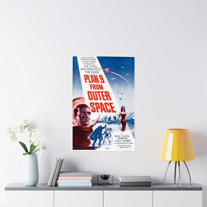 Movie poster for 'Plan 9 from Outer Space' on a wall above a shelf with decor items.