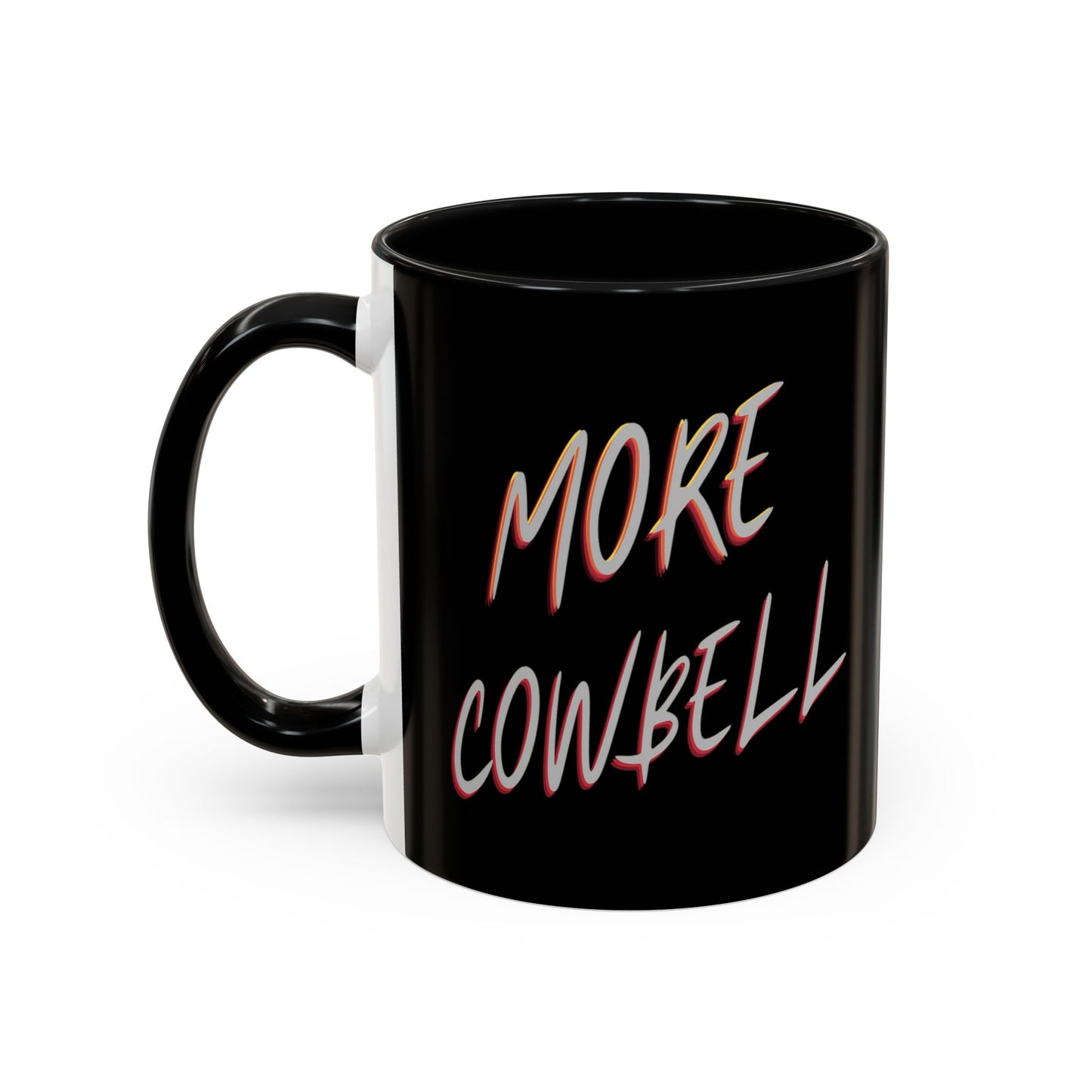 Black mug with 'More Cowbell' text on a white background