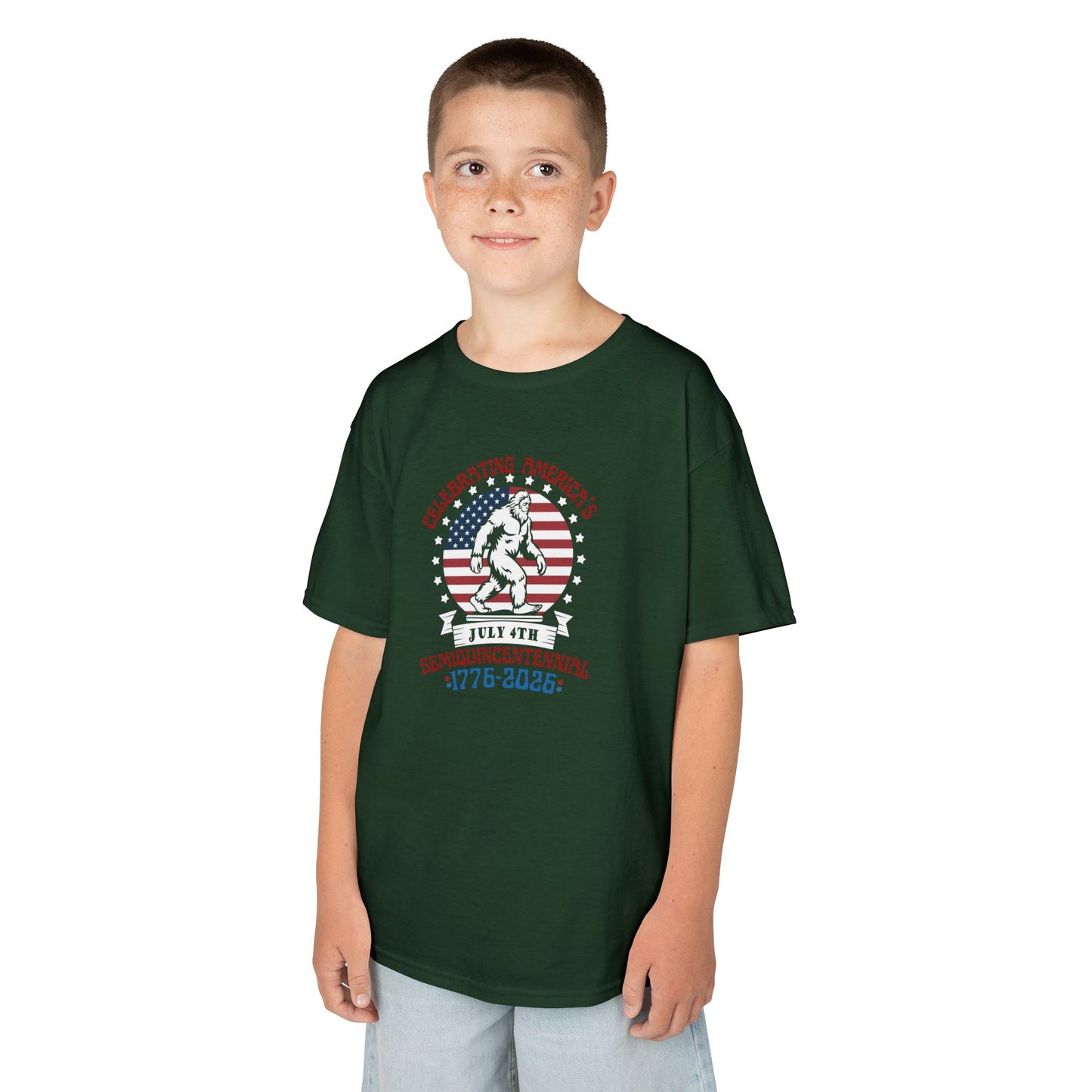 Child wearing a black t-shirt with a graphic design on a white background
