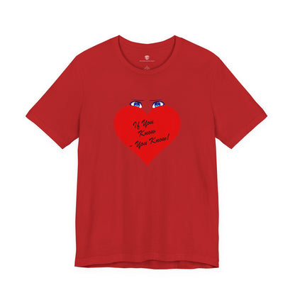 Red t-shirt with decorative text and heart design on a white background