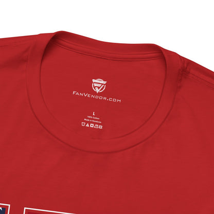 Red t-shirt with 'FanVendor.com' logo and text on a white background