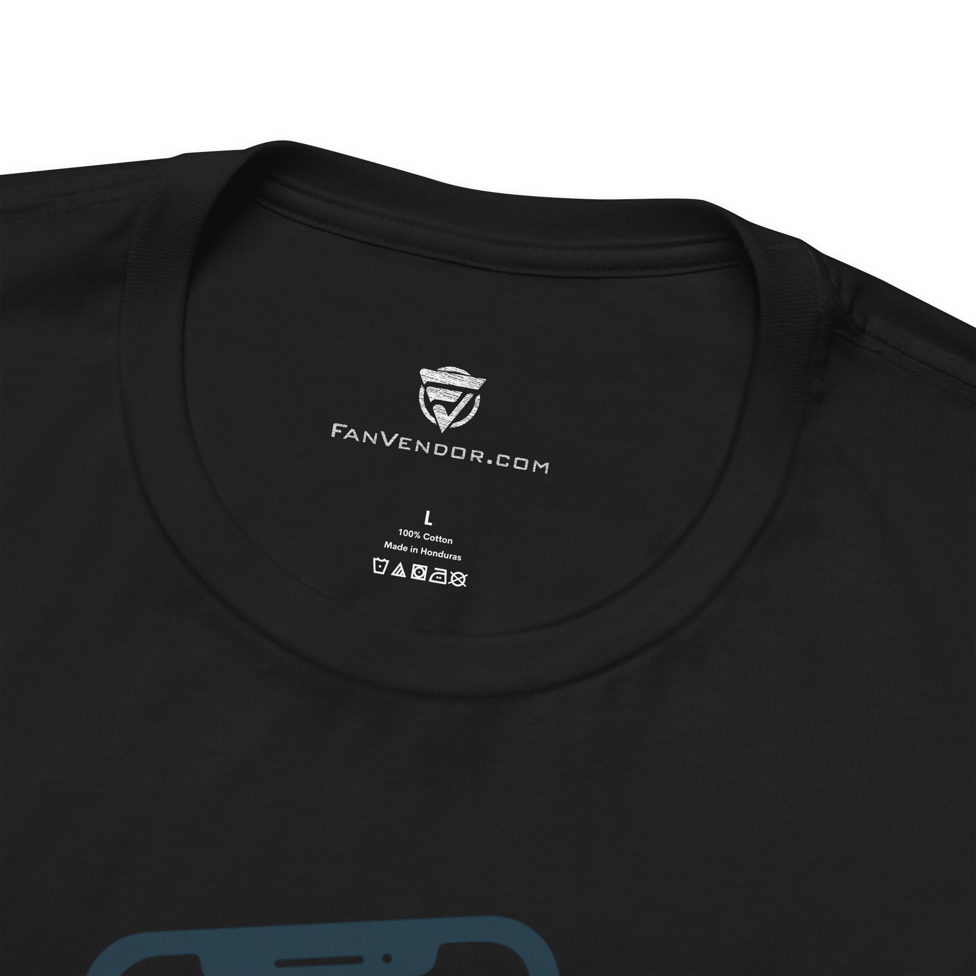 Black t-shirt with 'Fanvendor.com' logo and text on a white background