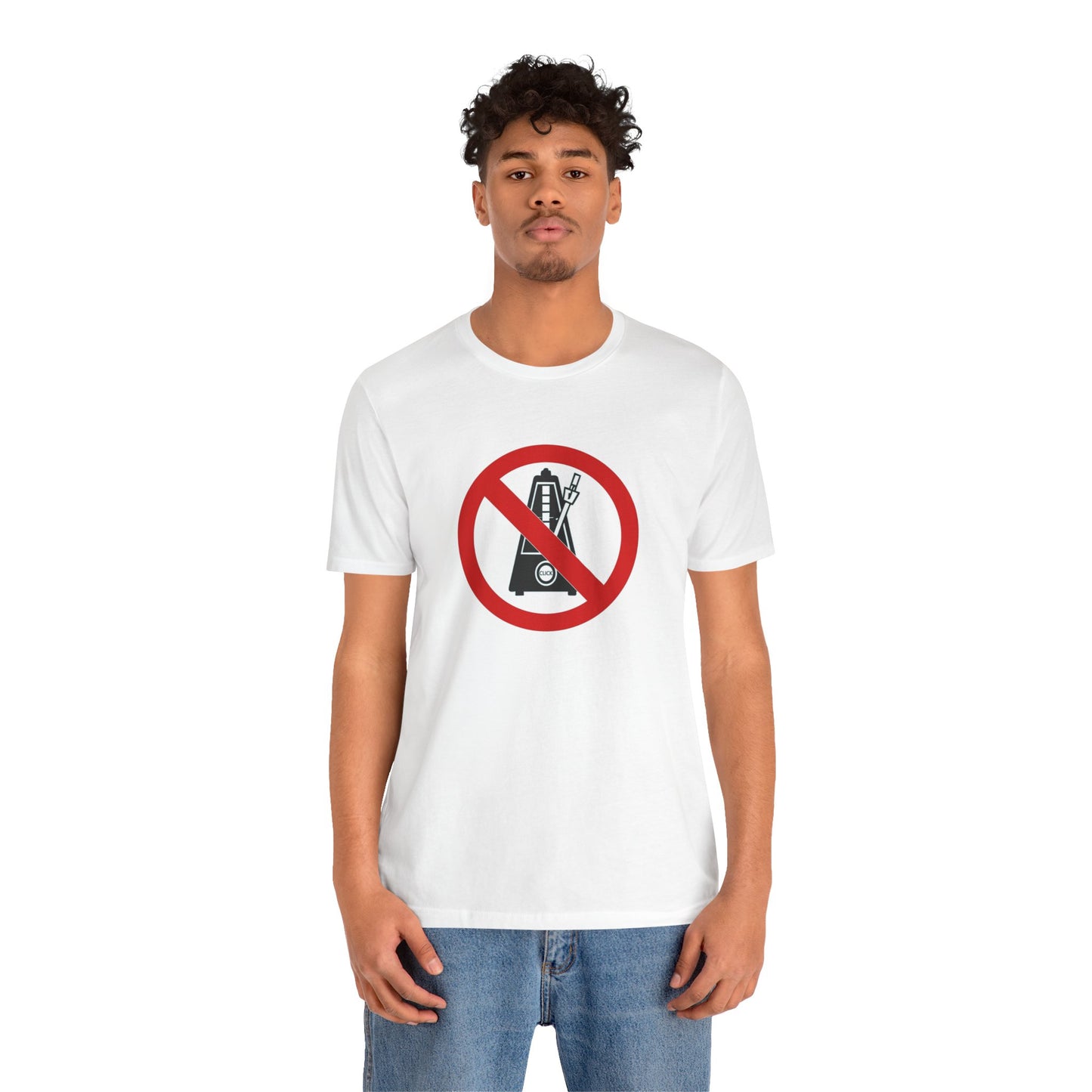 Person wearing a white t-shirt with a no symbol design on a white background