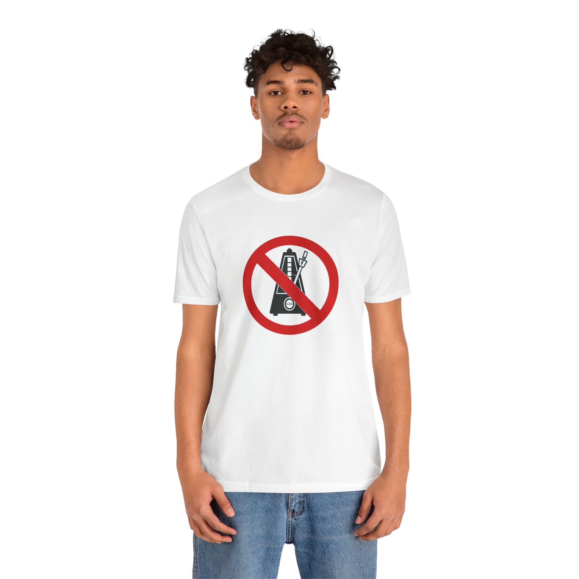 Person wearing a white t-shirt with a no symbol design on a white background