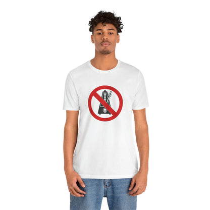 Person wearing a white t-shirt with a no symbol design on a white background