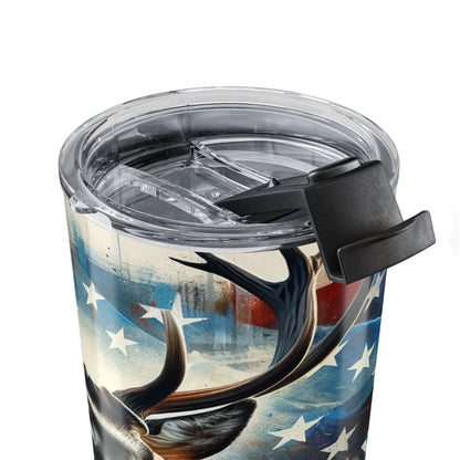 Tumbler with American flag design and black lid on a white background