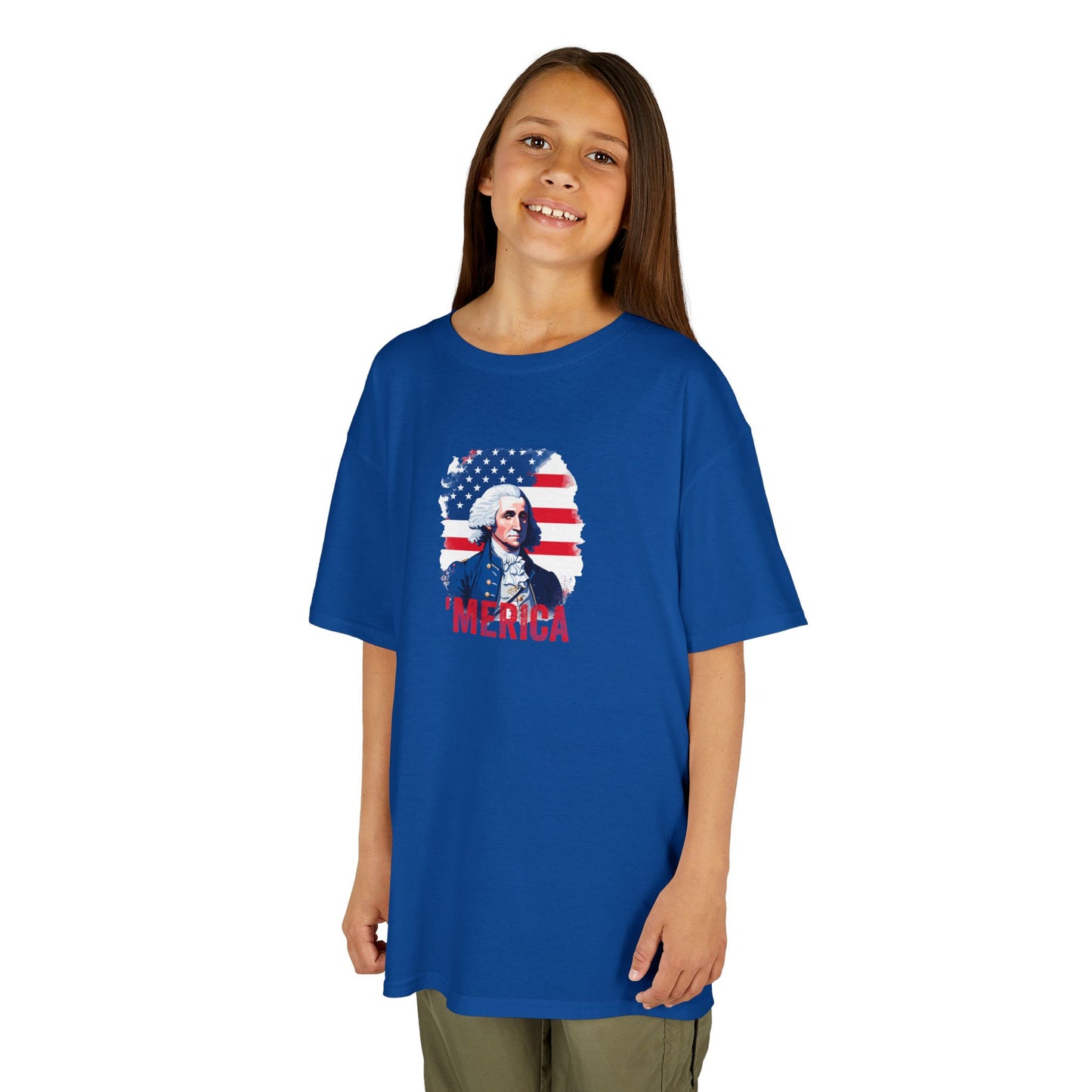 Child wearing a blue t-shirt with a graphic design on a white background