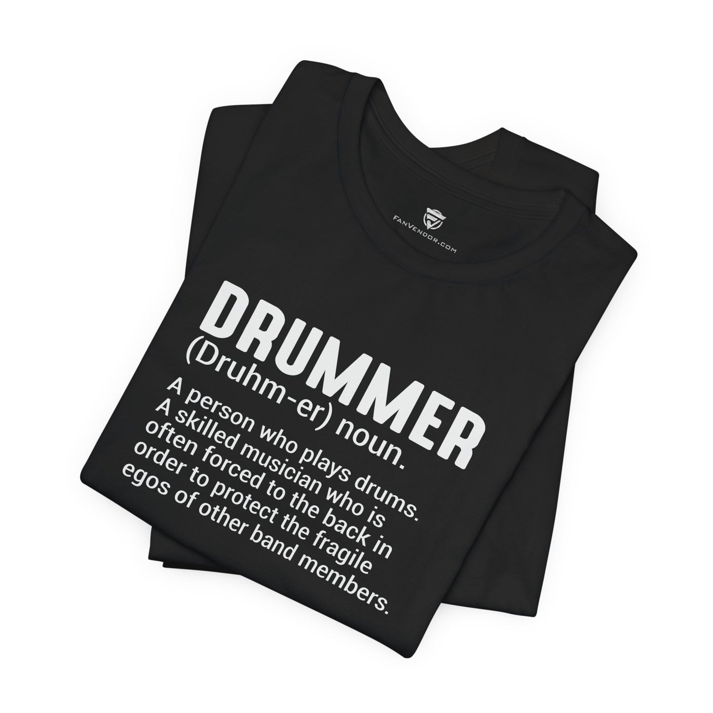 Black t-shirt with design and text on a white background