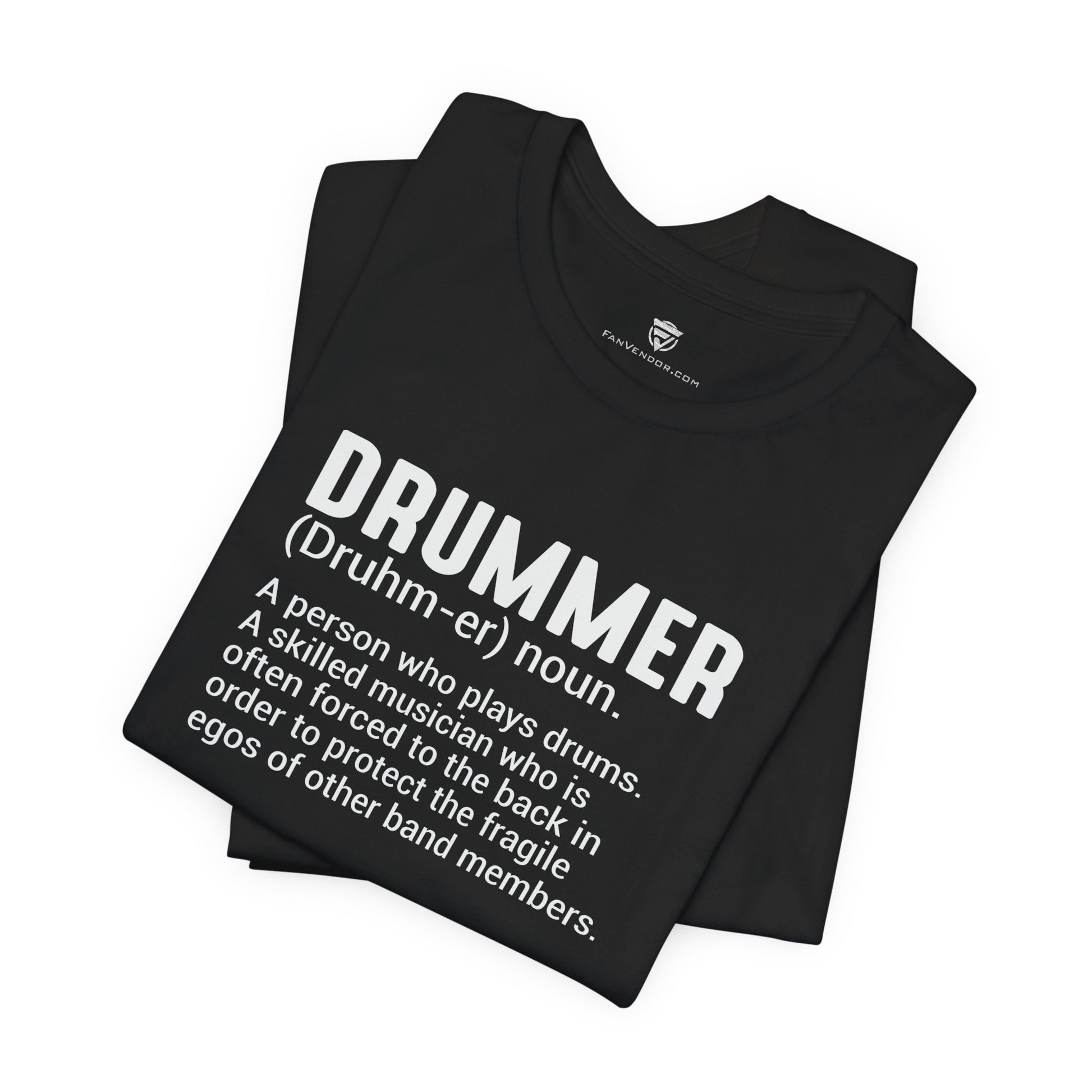 Black t-shirt with design and text on a white background