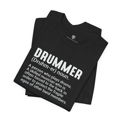 Black t-shirt with design and text on a white background