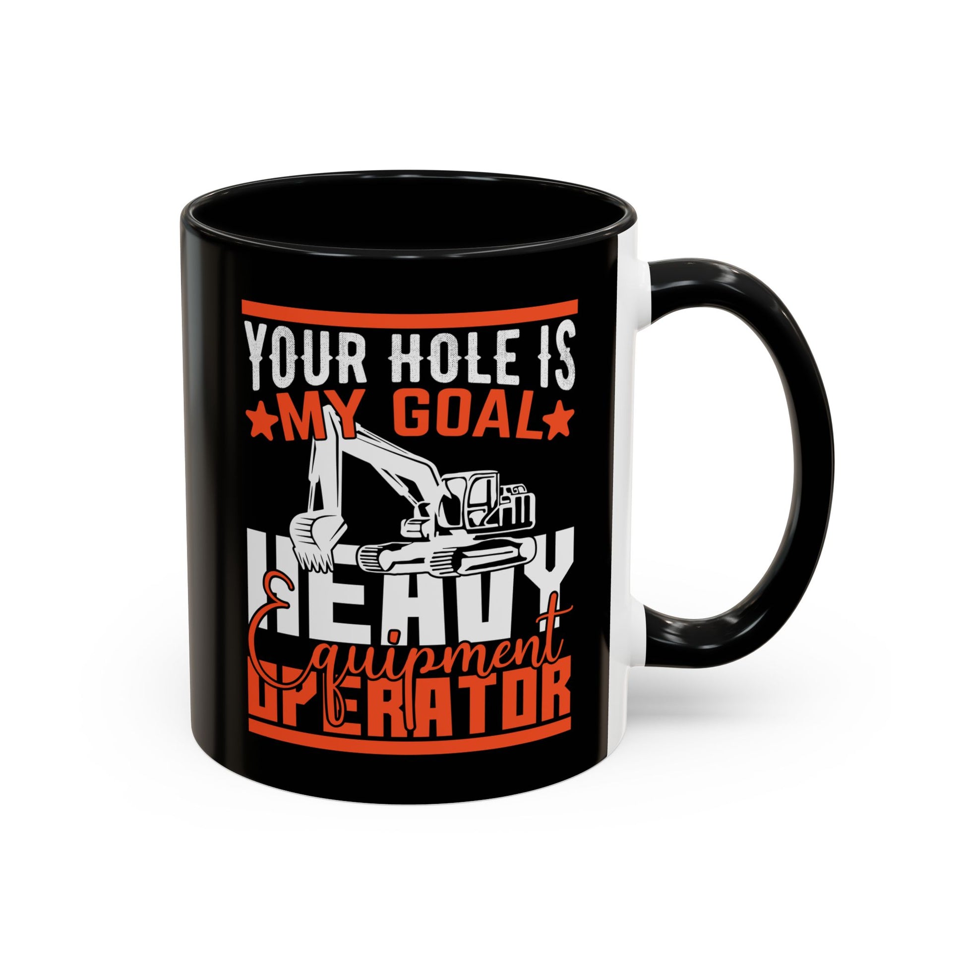 Black mug with construction-themed text and graphics on a white background