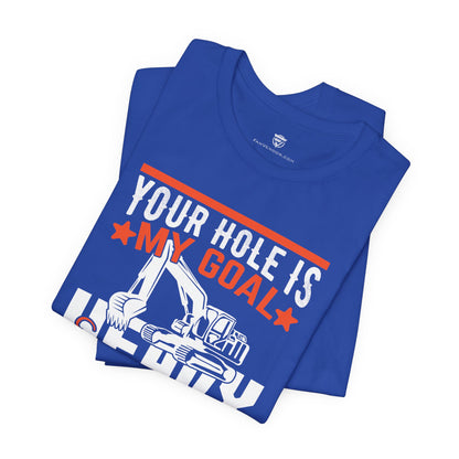 Blue t-shirt with construction-themed graphic and text on a white background