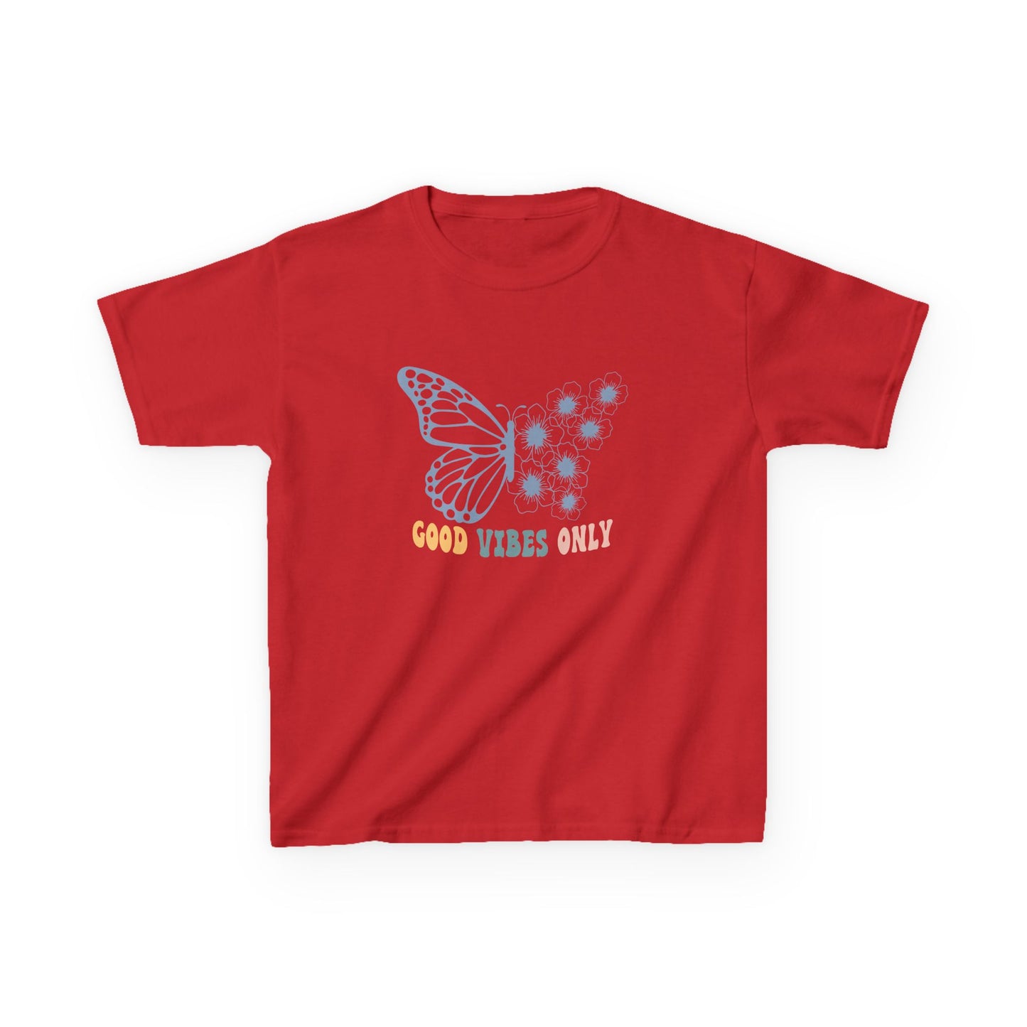 Red t-shirt with a butterfly graphic and text on a white background