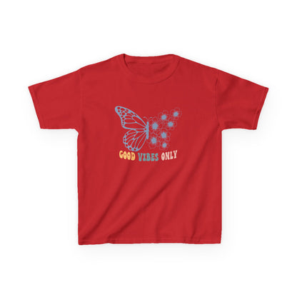 Red t-shirt with a butterfly graphic and text on a white background