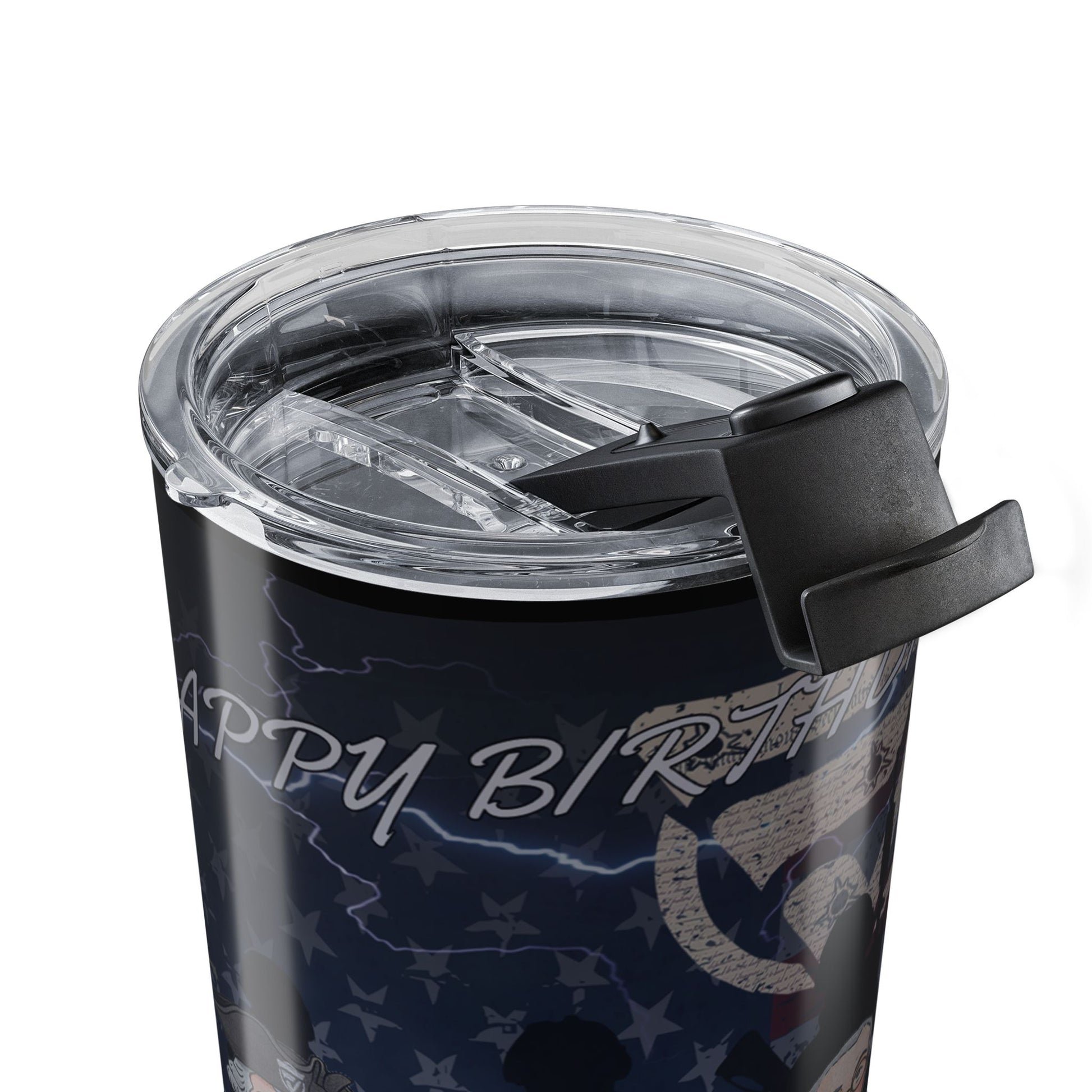 Black tumbler with 'Happy Birthday' text and star pattern on a white background