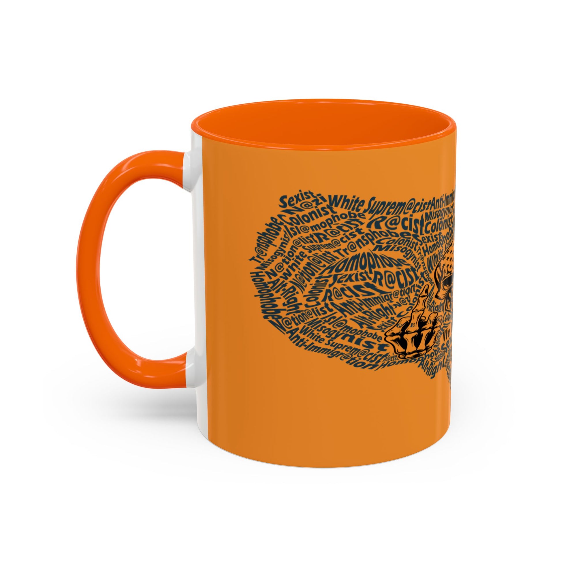 Orange mug with black text design on a white background