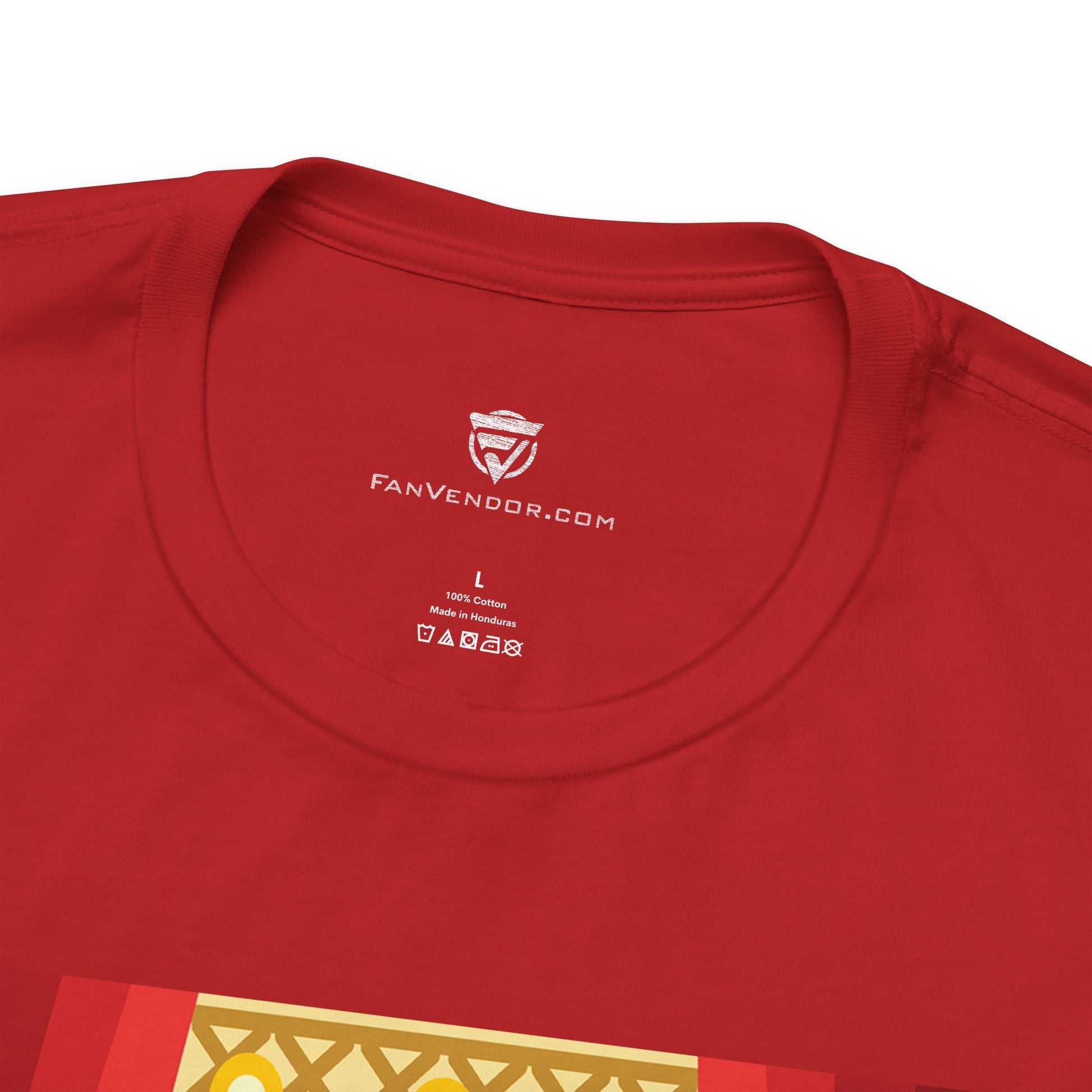 Red t-shirt with 'Fanvendor.com' logo and text on a white background