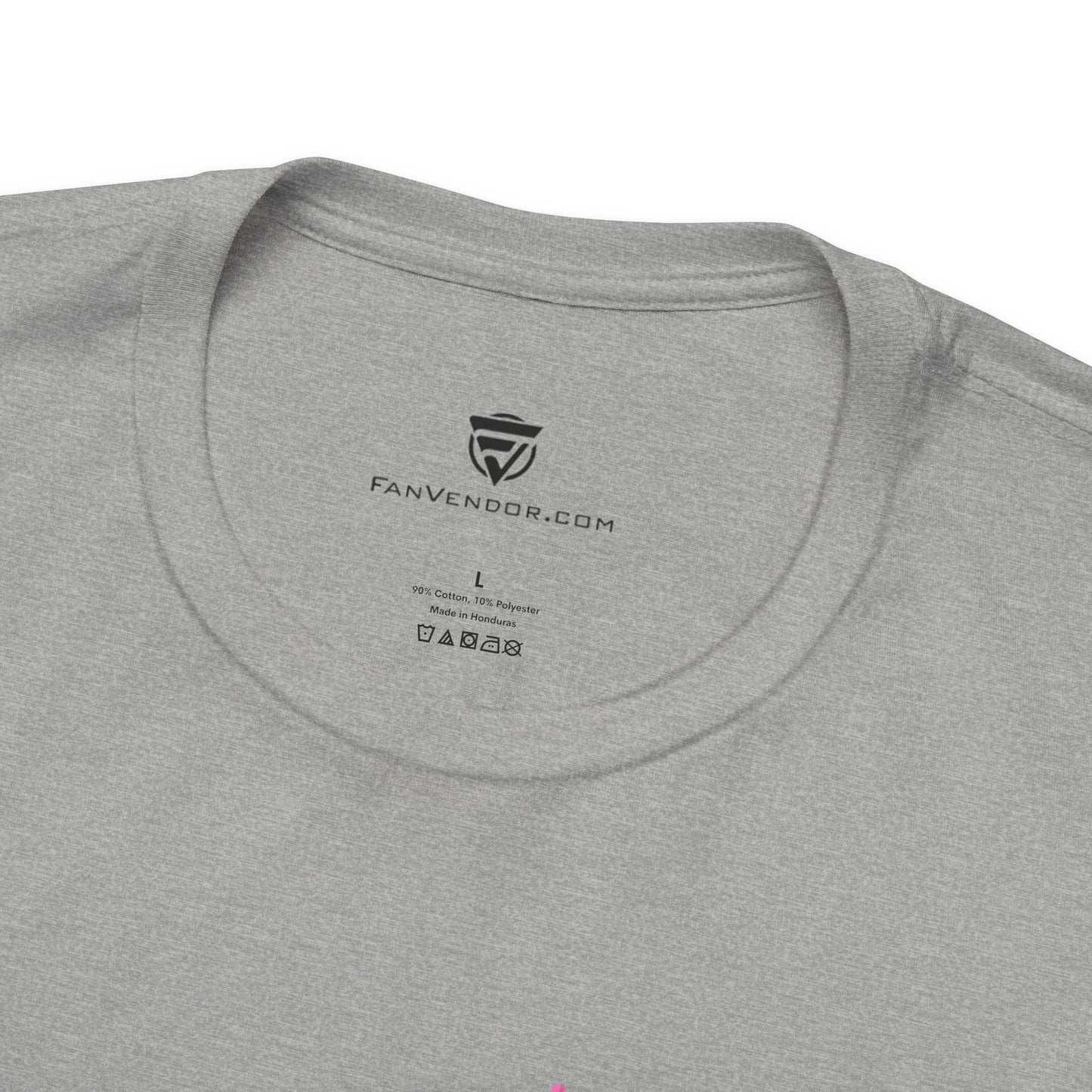Gray t-shirt with 'FanVendor.com' logo and text on the collar area