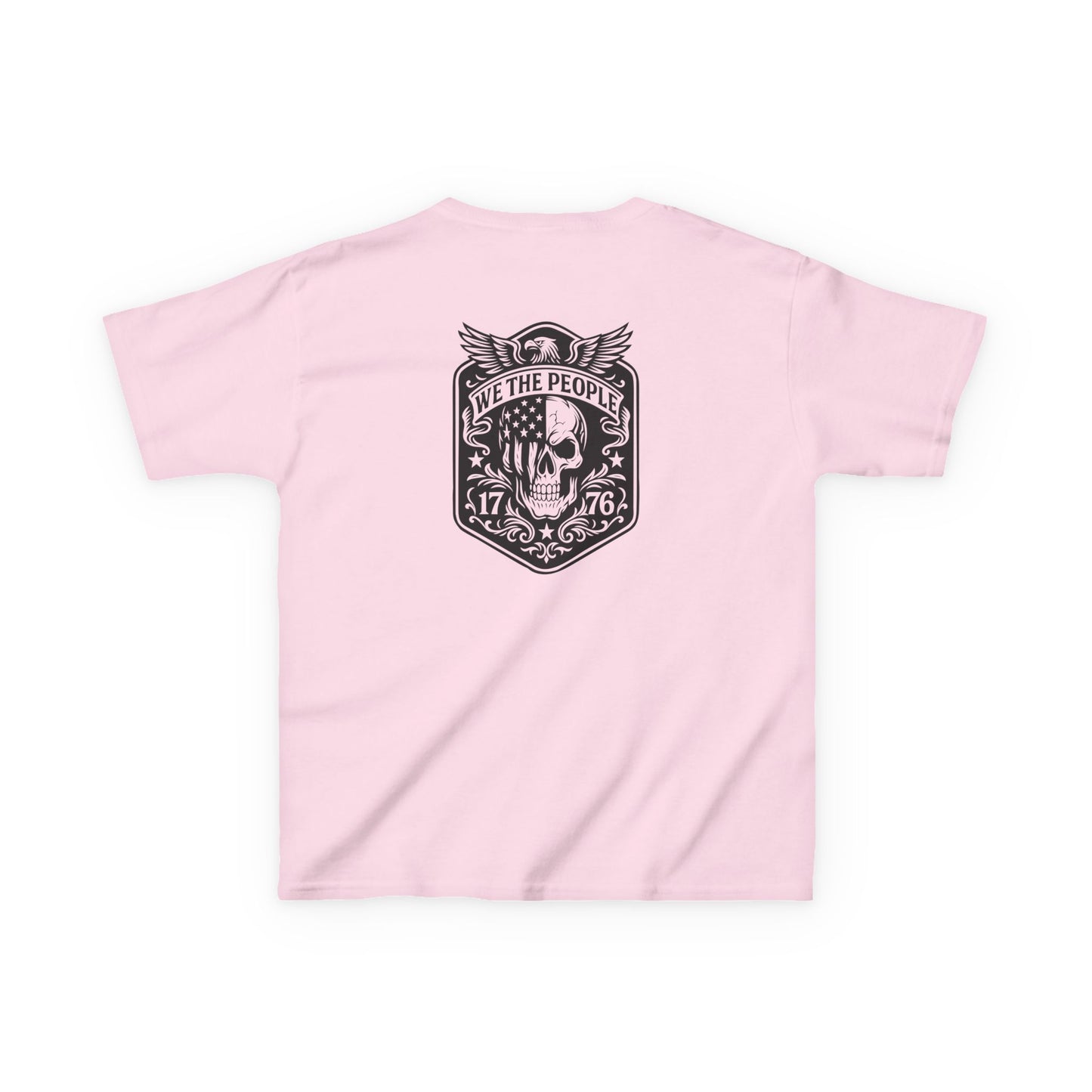 Pink t-shirt with a black graphic design on the back, featuring a skull and text, on a white background.