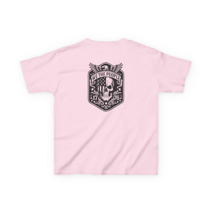 Pink t-shirt with a black graphic design on the back, featuring a skull and text, on a white background.
