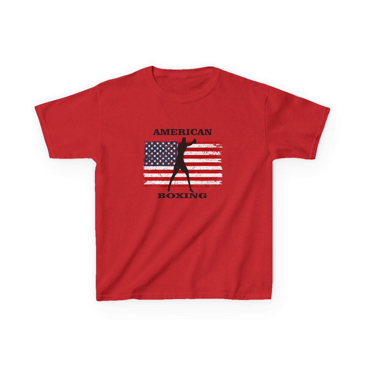 Red t-shirt with American flag and boxing graphic on a white background