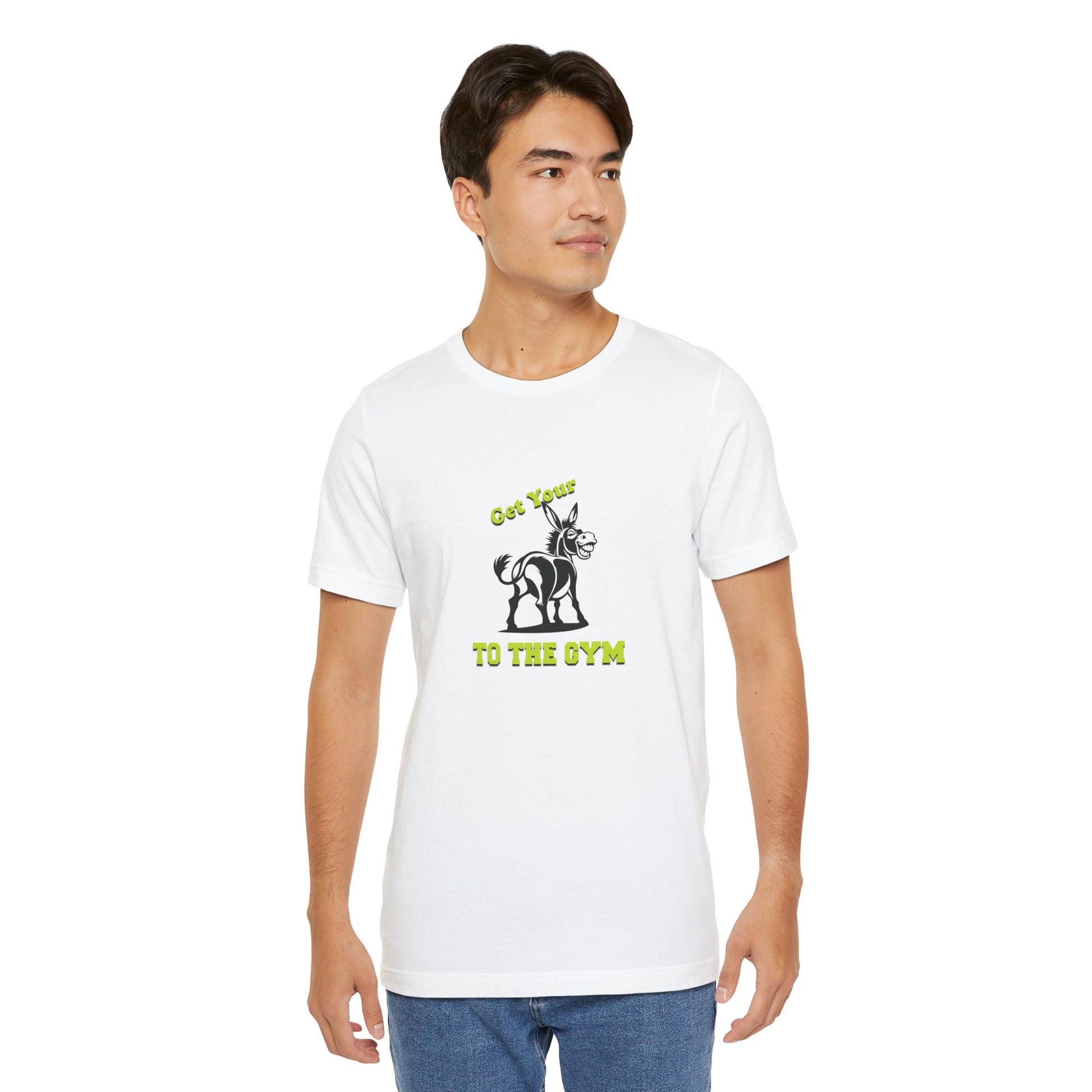 Man wearing a white t-shirt with a graphic and text on a white background