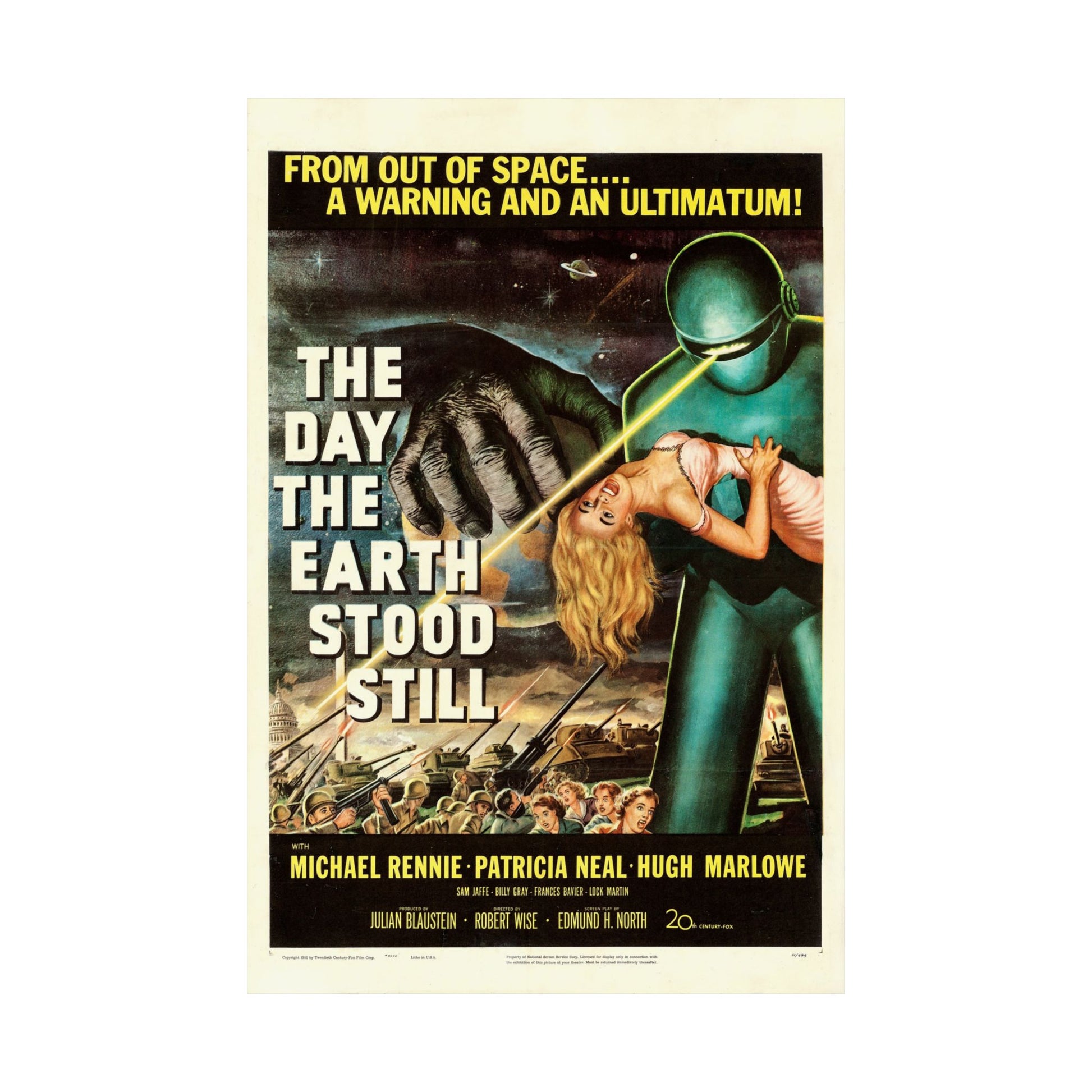 Vintage movie poster for 'The Day the Earth Stood Still' with a green alien holding a woman.