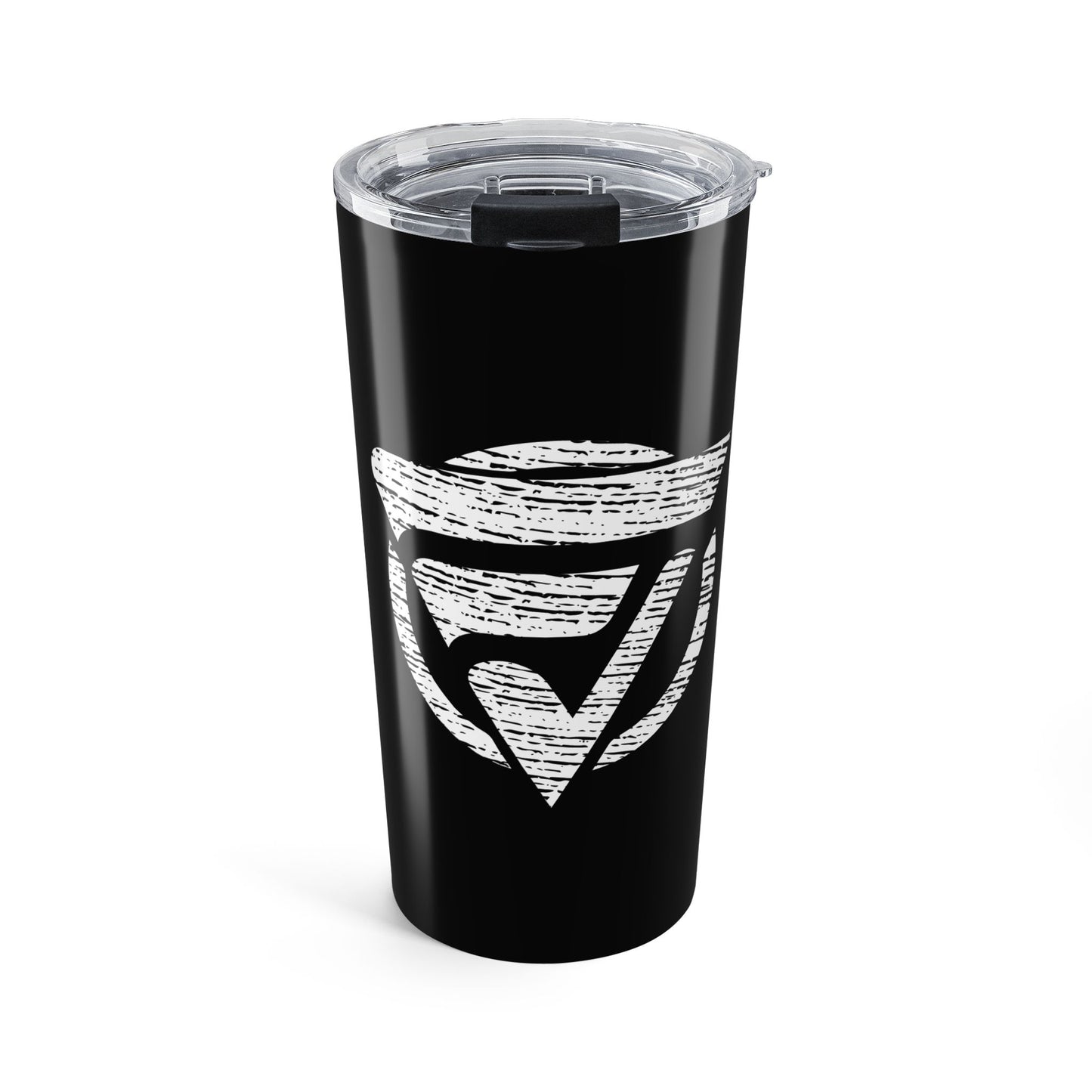 Black tumbler with a white logo on a white background