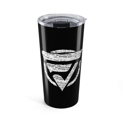 Black tumbler with a white logo on a white background