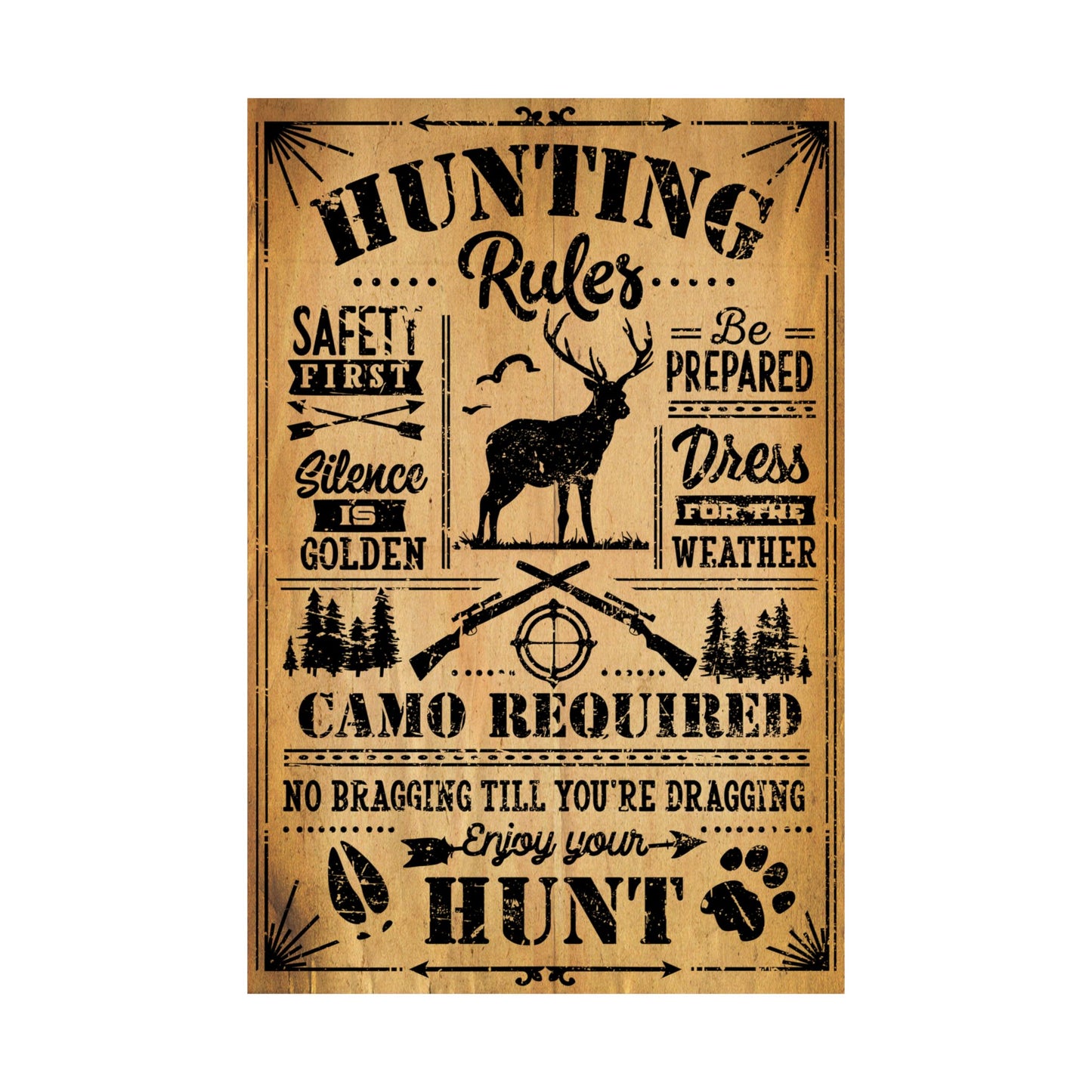 Hunting rules poster with deer illustration and text on a brown background