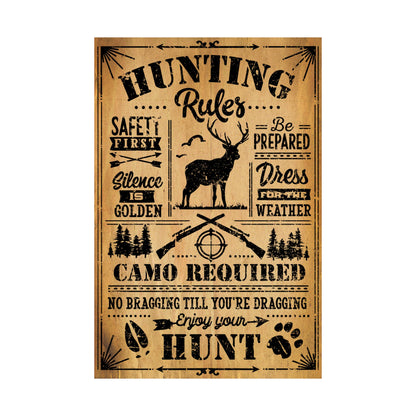Hunting rules poster with deer illustration and text on a brown background