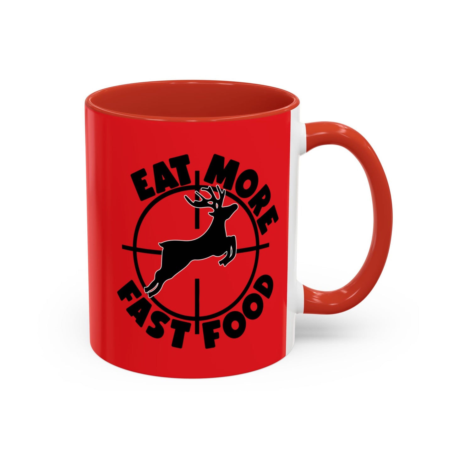 Red mug with black graphic and text on a white background