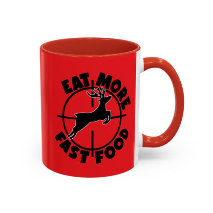 Red mug with black graphic and text on a white background