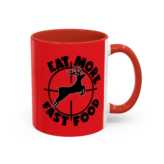 Red mug with black graphic and text on a white background