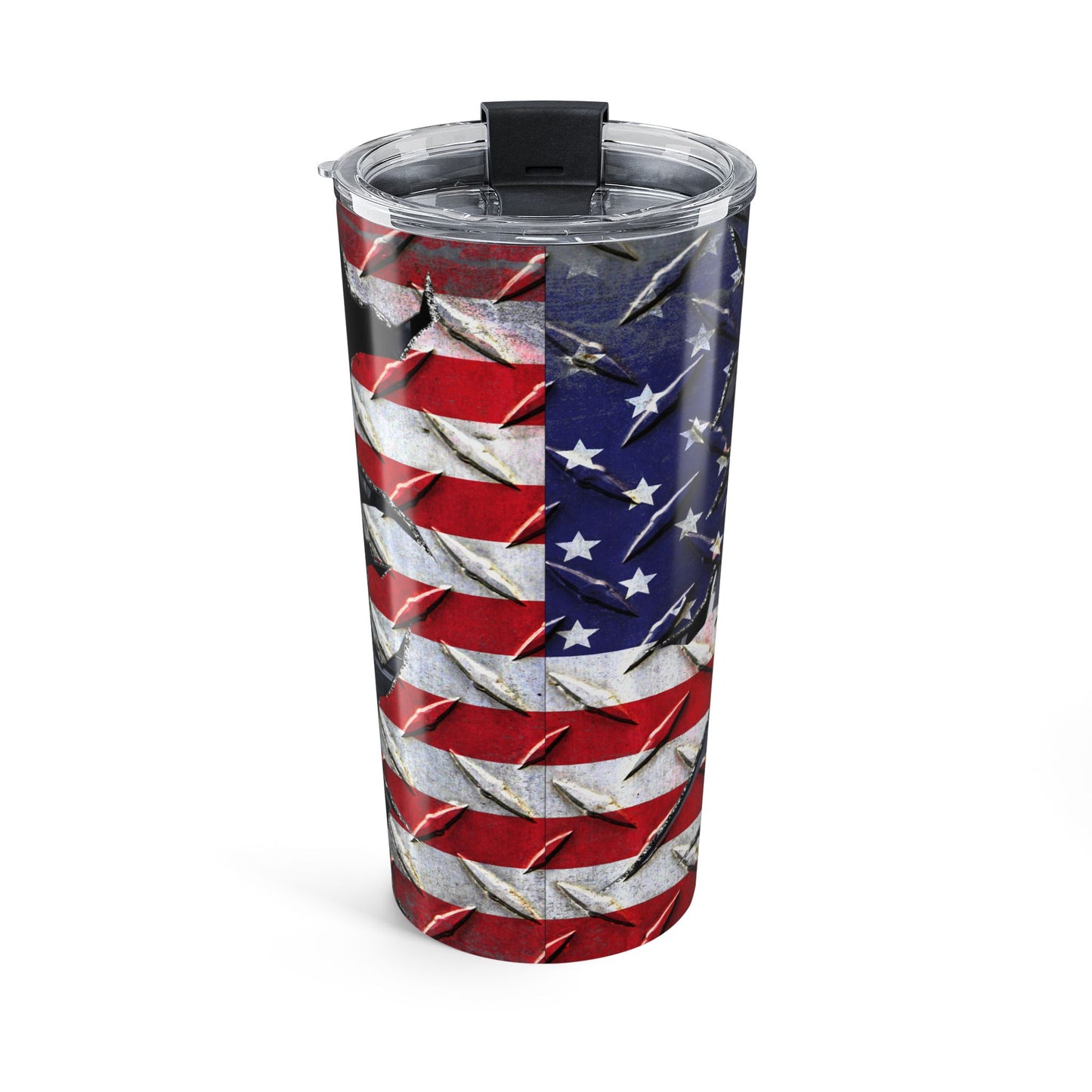Tumbler with American flag design on a white background