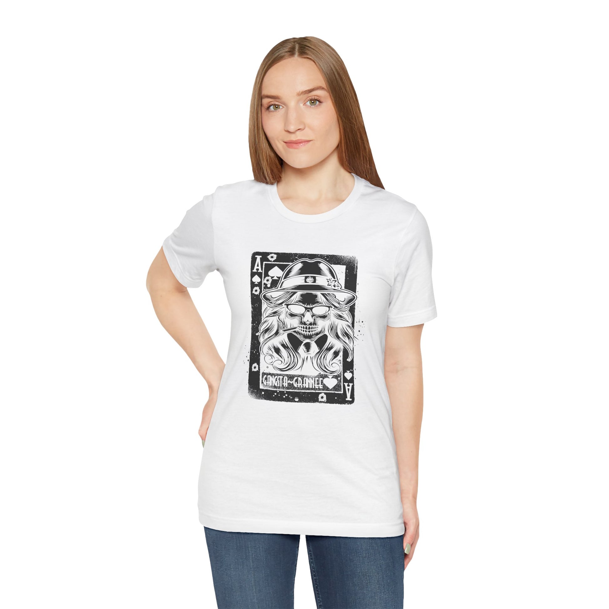 Woman wearing a white t-shirt with a graphic design on a white background