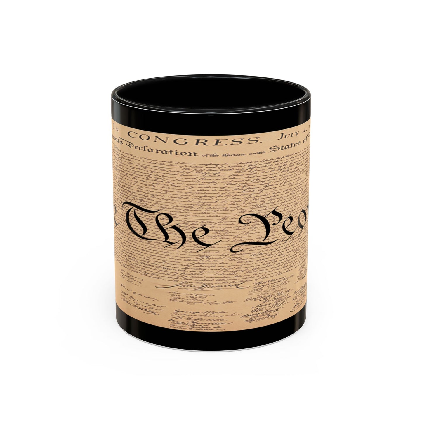 Mug with design inspired by the Declaration of Independence on a white background
