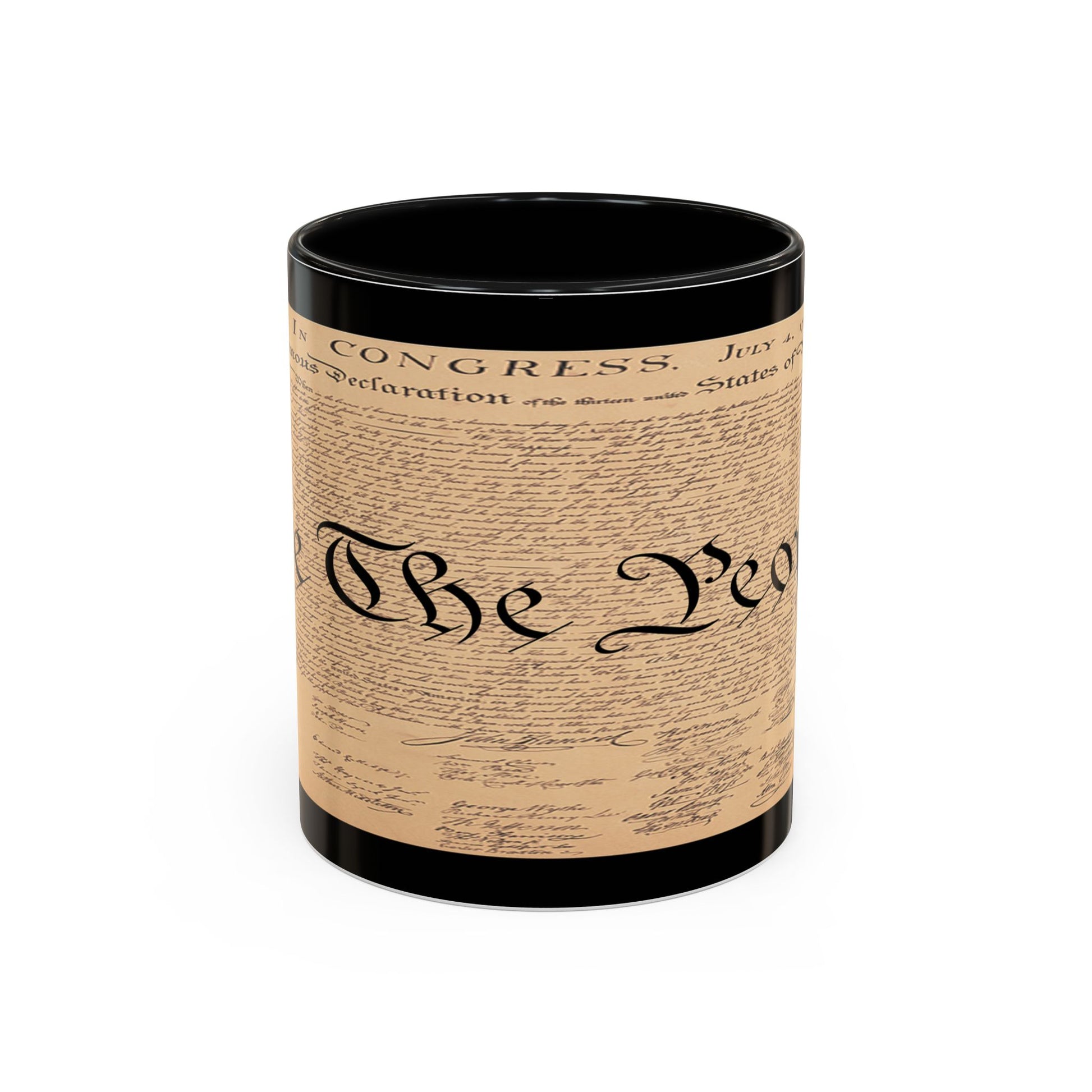 Mug with design inspired by the Declaration of Independence on a white background