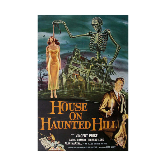 Vintage movie poster for 'House on Haunted Hill' featuring a skeleton, woman, and man with a house in the background.