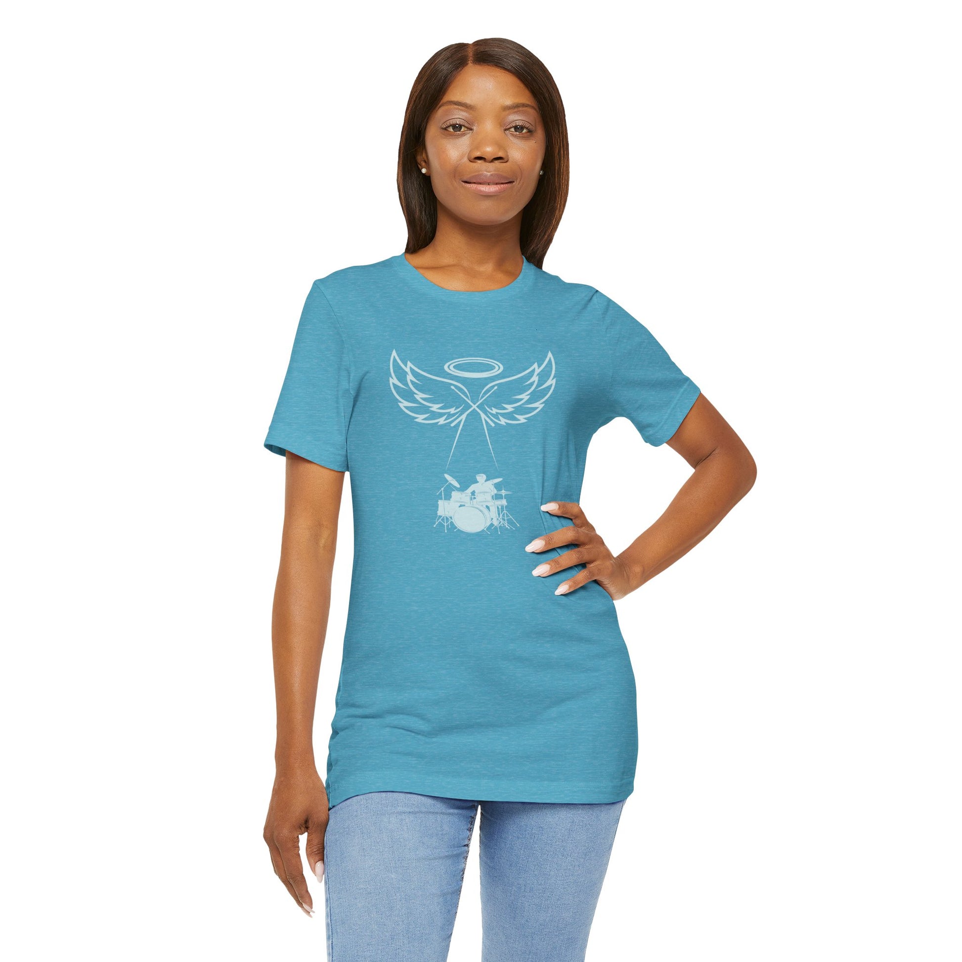 Woman wearing a blue t-shirt with an angel design on a white background