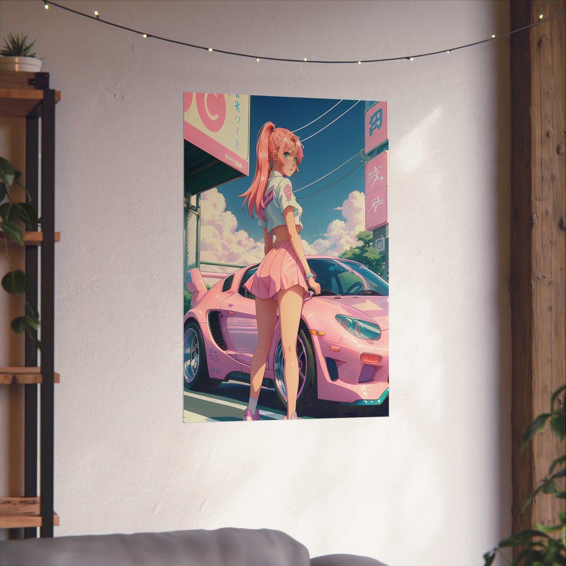 Poster of an anime character with pink hair standing next to a pink sports car on a wall.