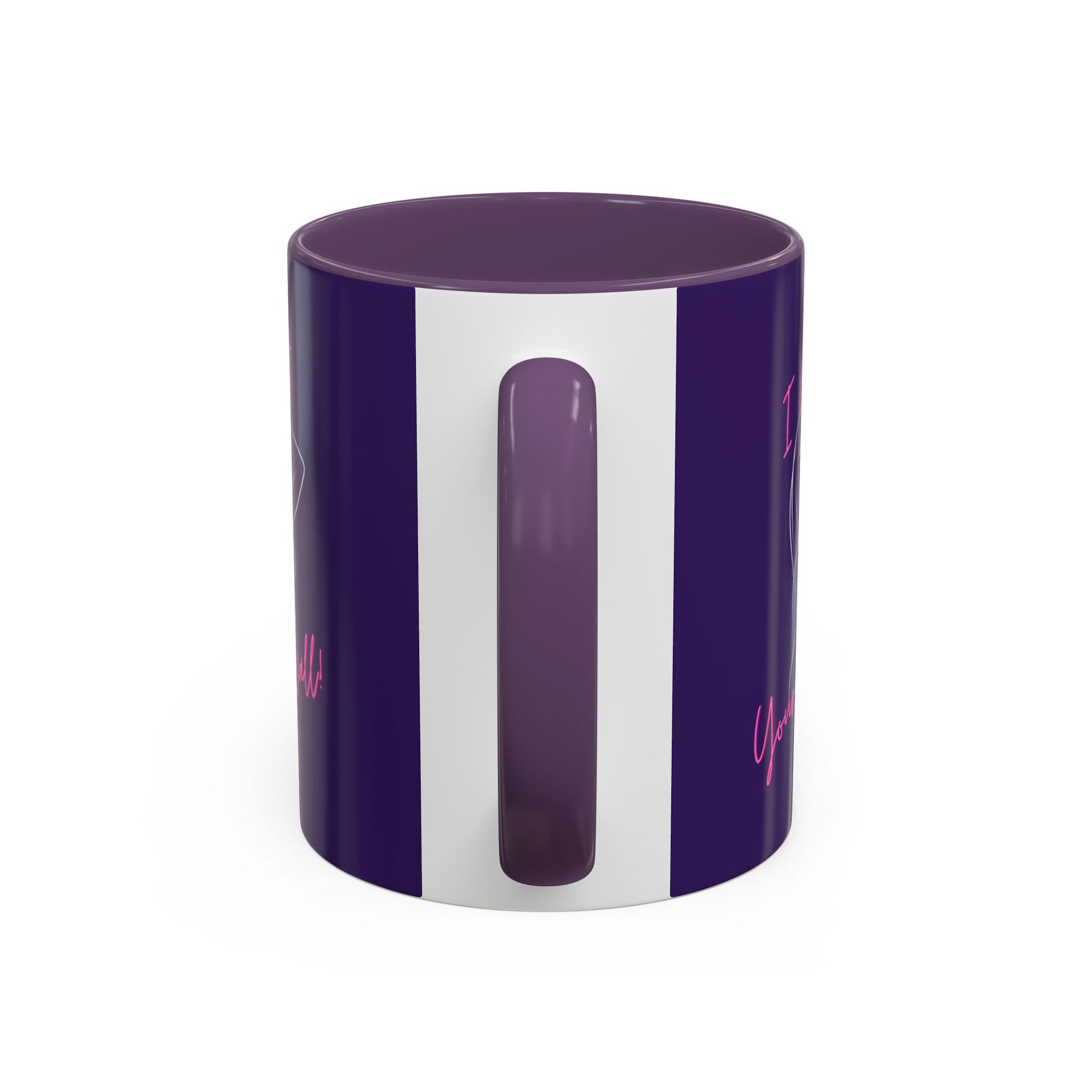 Purple and white cylindrical mug with a handle on a white background