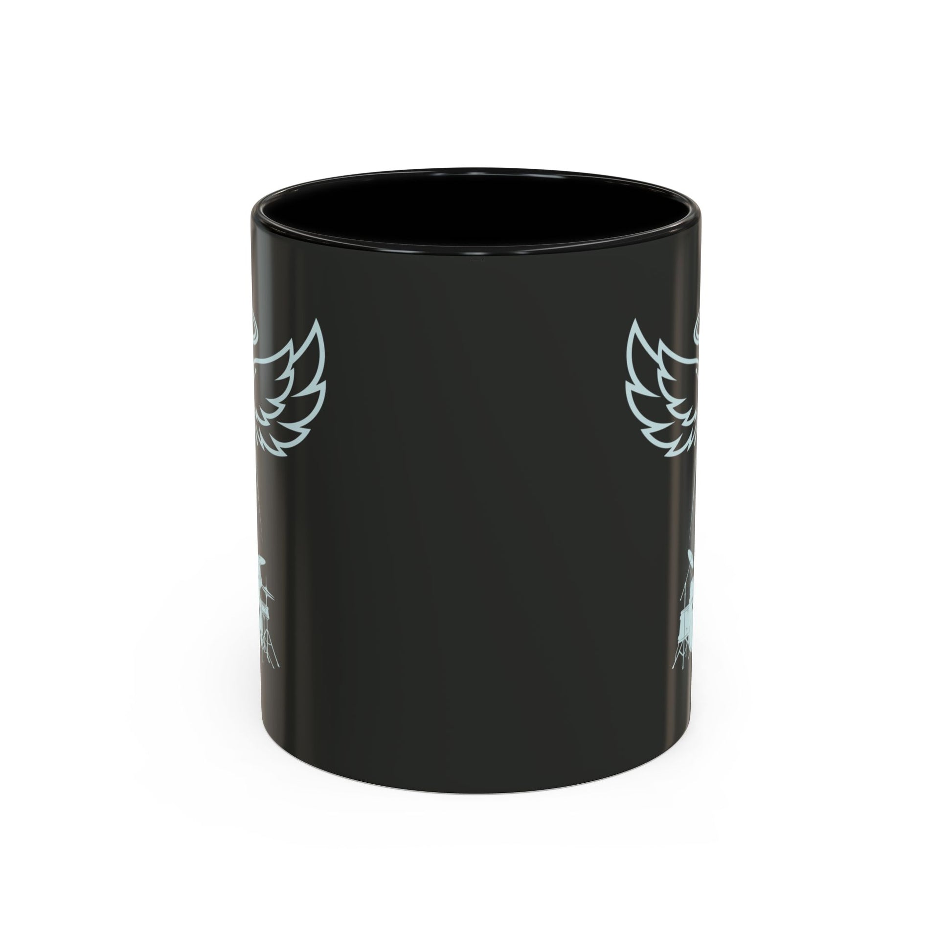 Black cylindrical mug with white wing-like designs on a white background