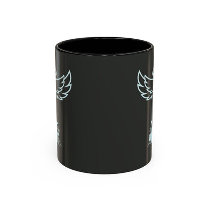 Black cylindrical mug with white wing-like designs on a white background