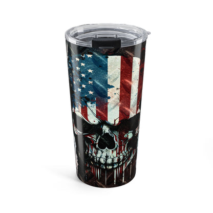 Tumbler with American flag and skull design on a white background