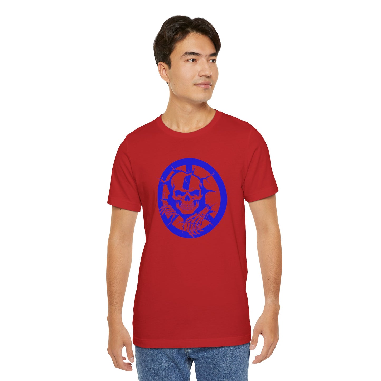 Man wearing a red t-shirt with a blue graphic design on a white background