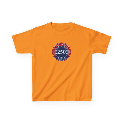 Orange t-shirt with a circular logo featuring the number 250 on a white background